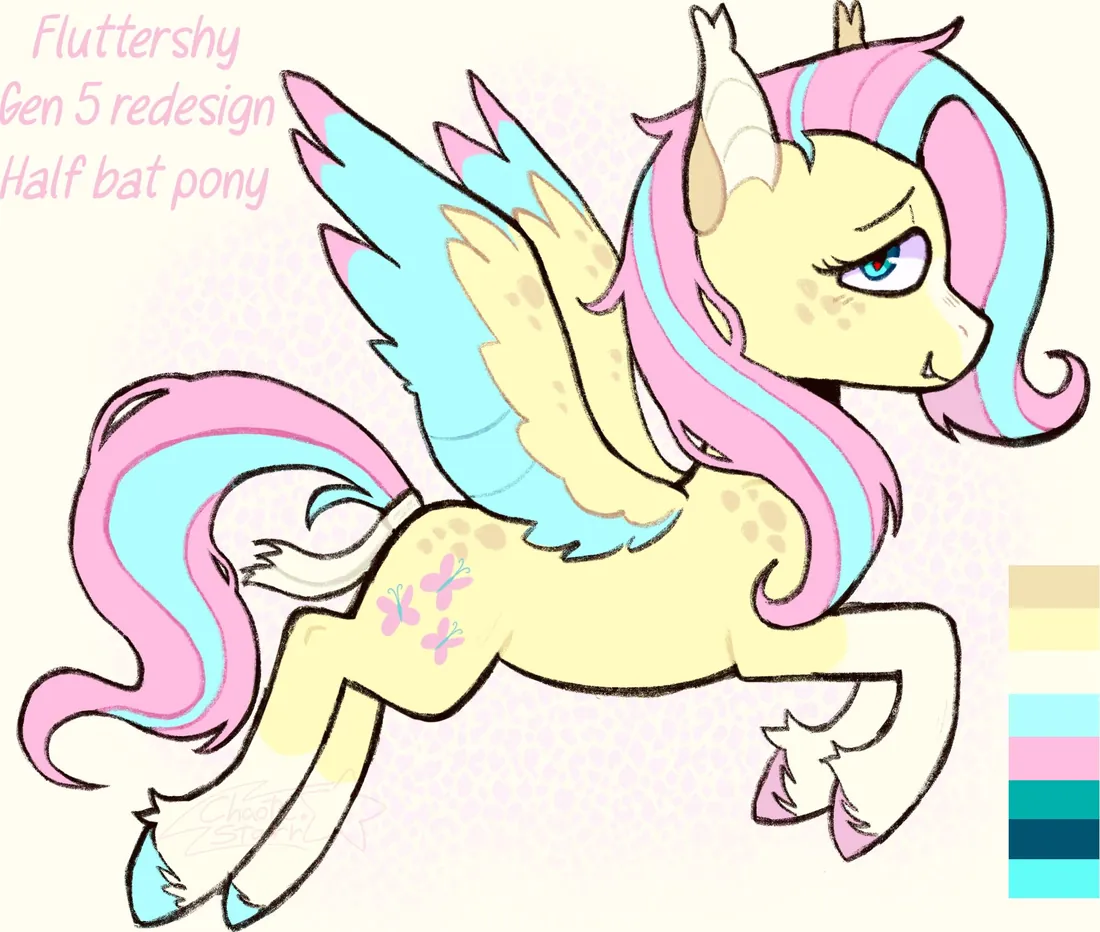 A redesigned Fluttershy as a half bat pony