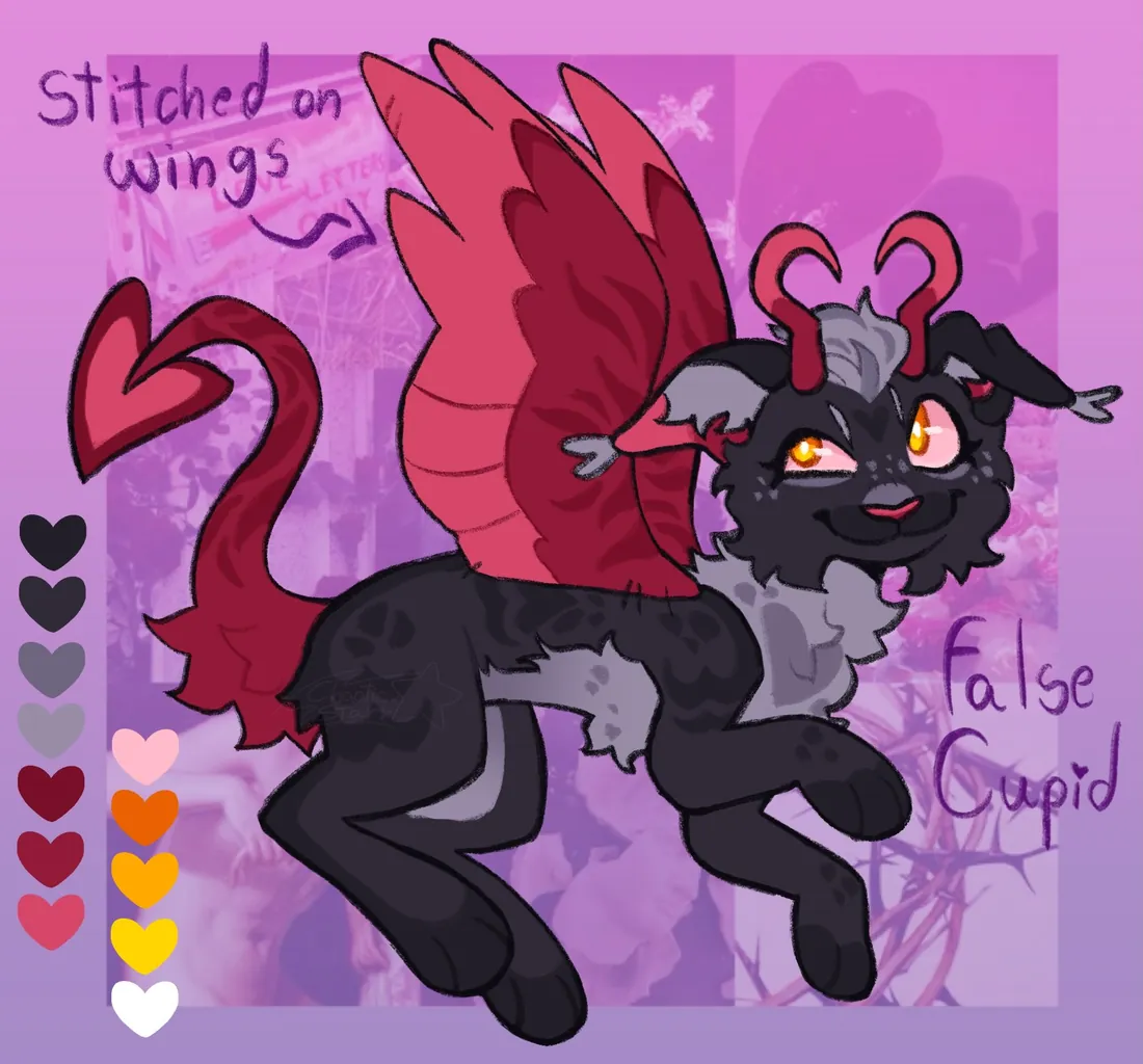 A black winged adoptable character on a purple background
