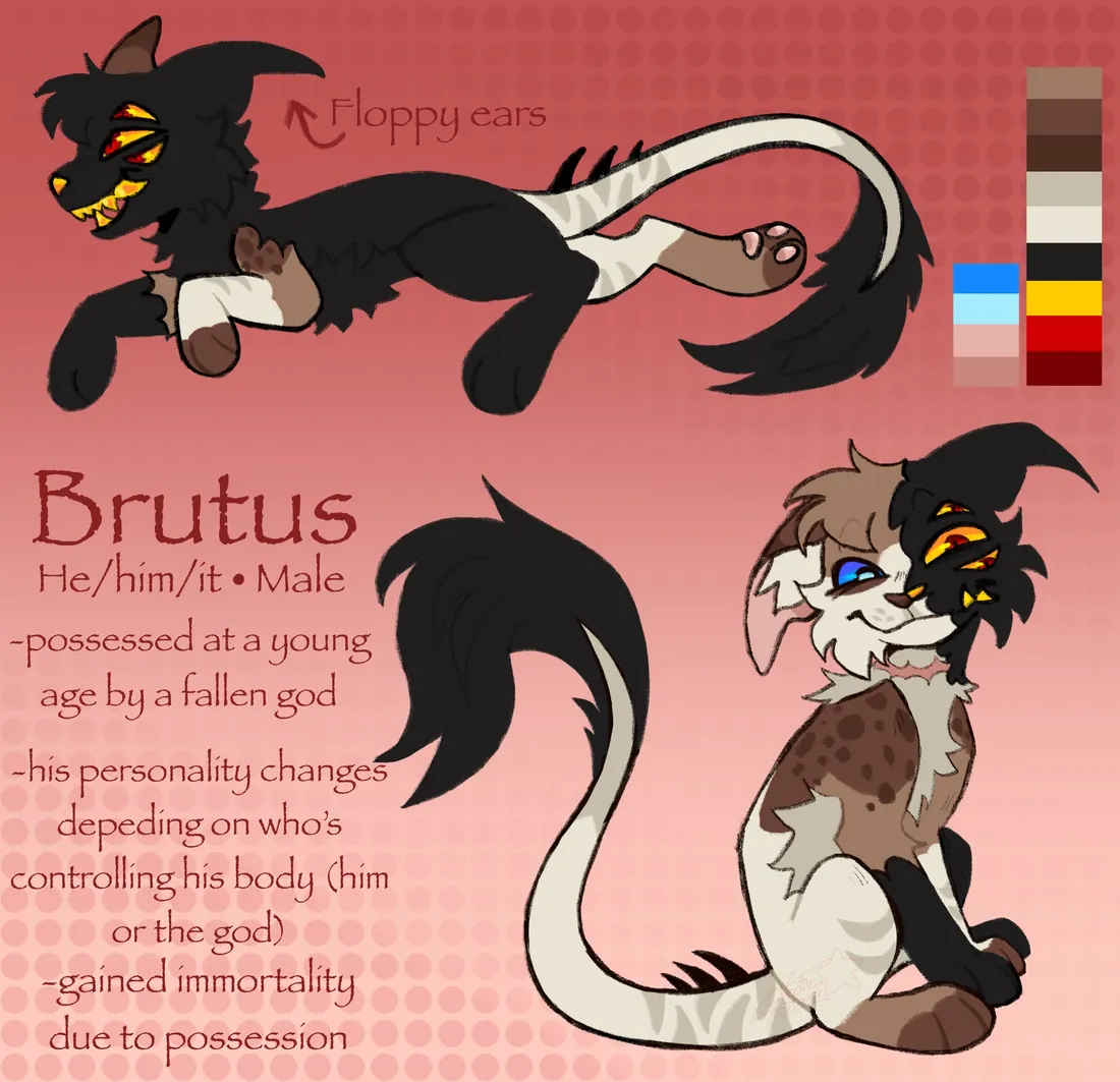 A black and white character named Brutus with lore notes