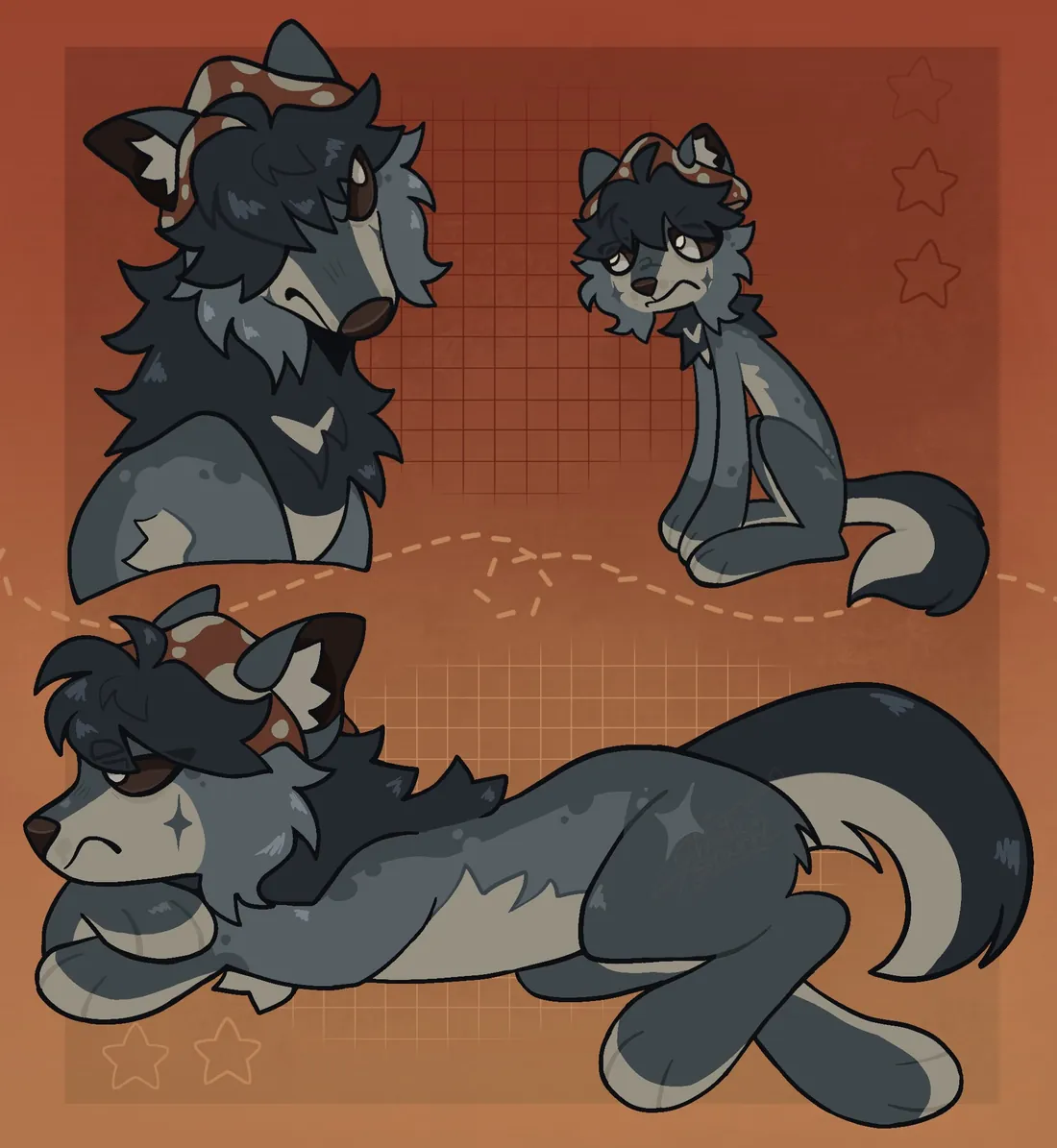 A grey and blue feral character drawn in three poses