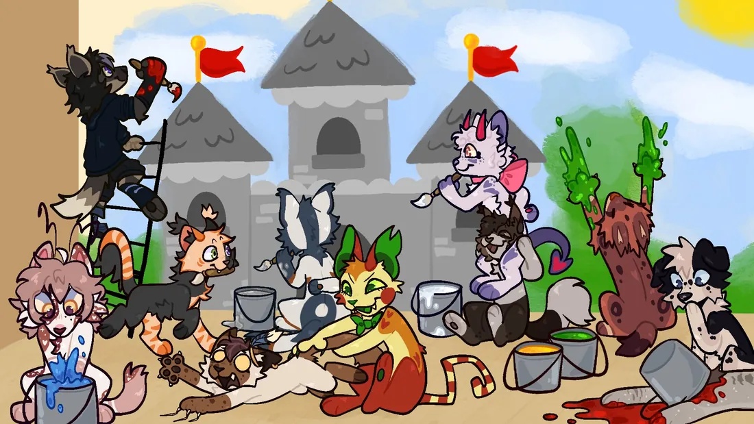A wide banner scene with characters outside a castle