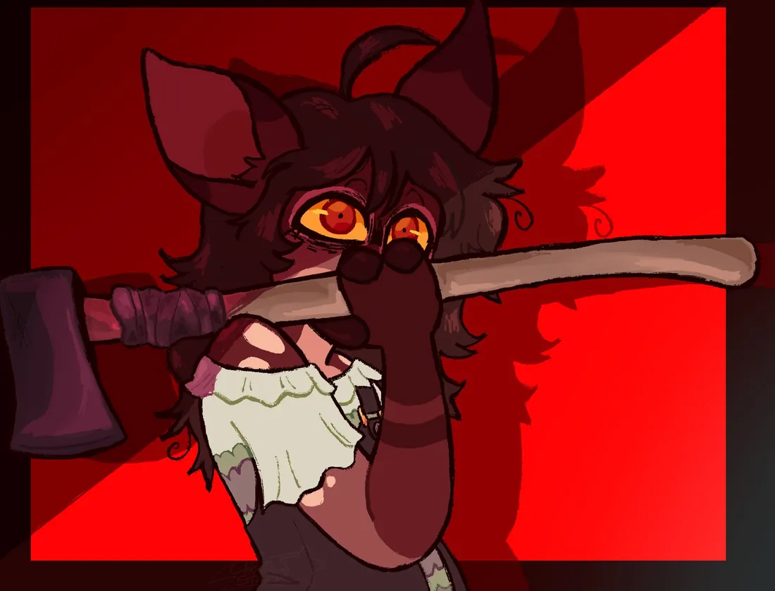 A dark character holding an axe on a red background