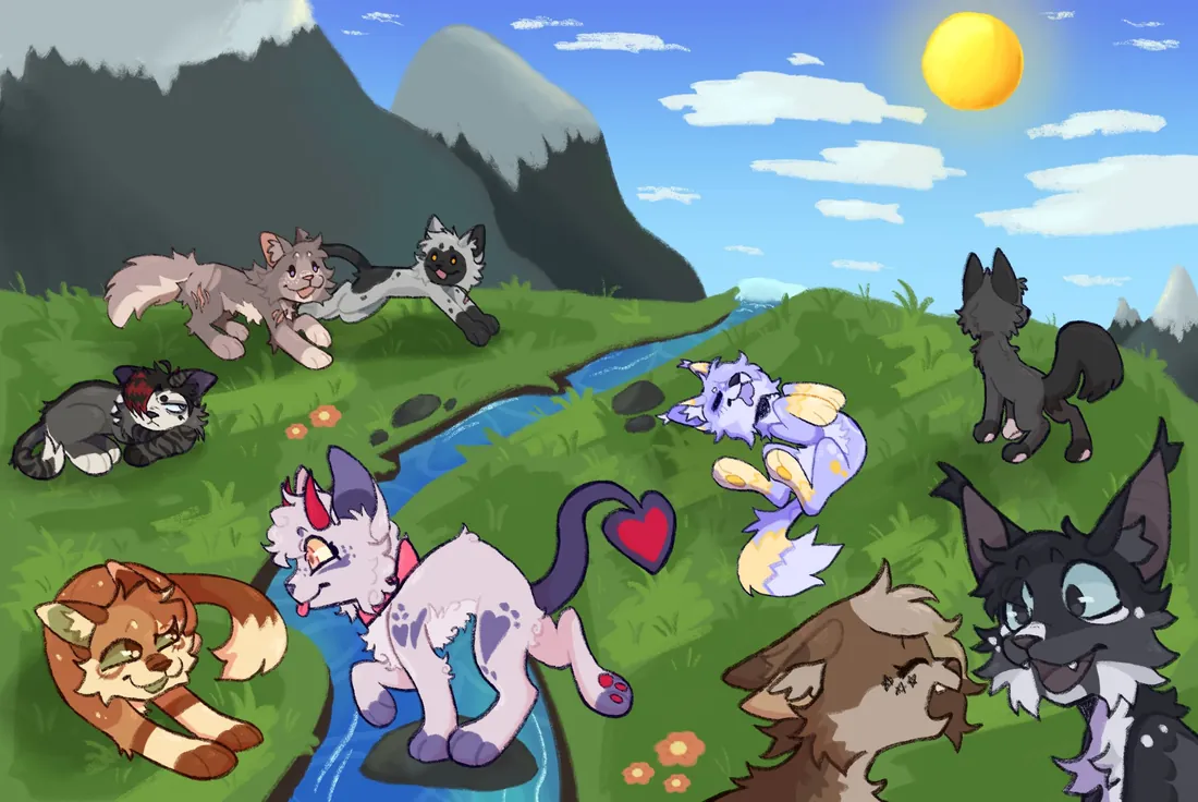 A large group scene with many characters in a green valley
