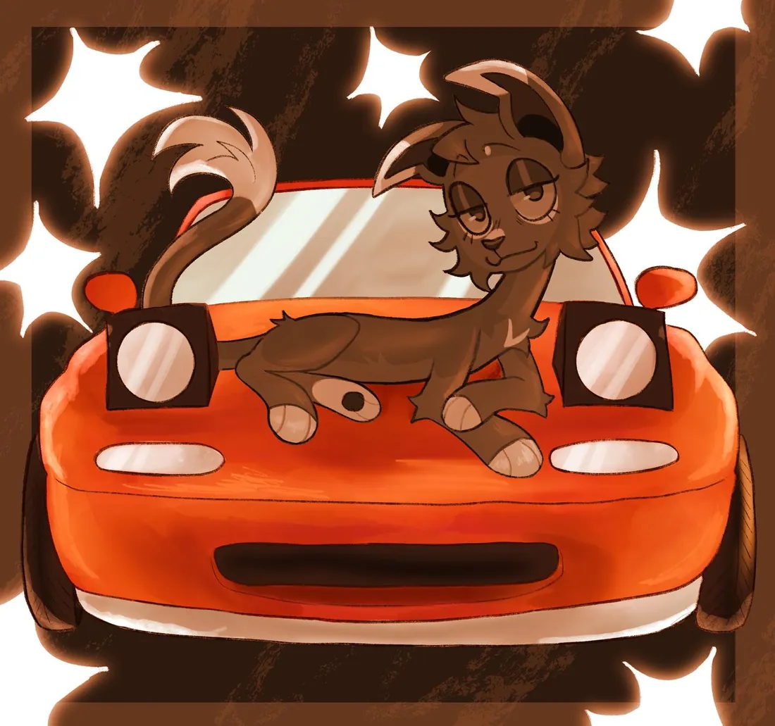 Two characters sitting on an orange sports car