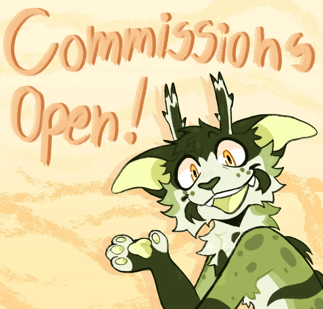 A grinning green feral character waving, with the words Commissions Open written above